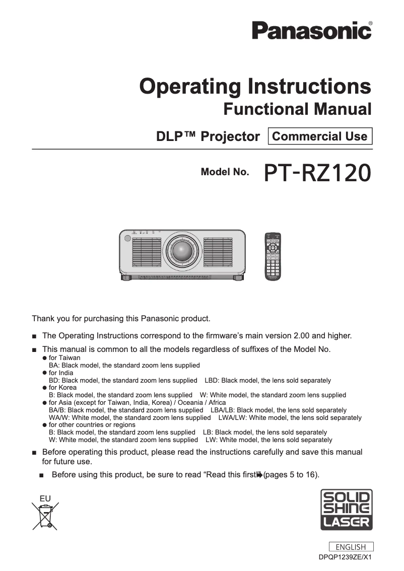Page 1 de la notice Manuel utilisateur Panasonic Solid Shine PT-RZ120