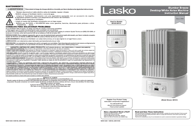 Page 1 de la notice Manuel utilisateur Lasko SlumberBreeze 2-in-1 SB101
