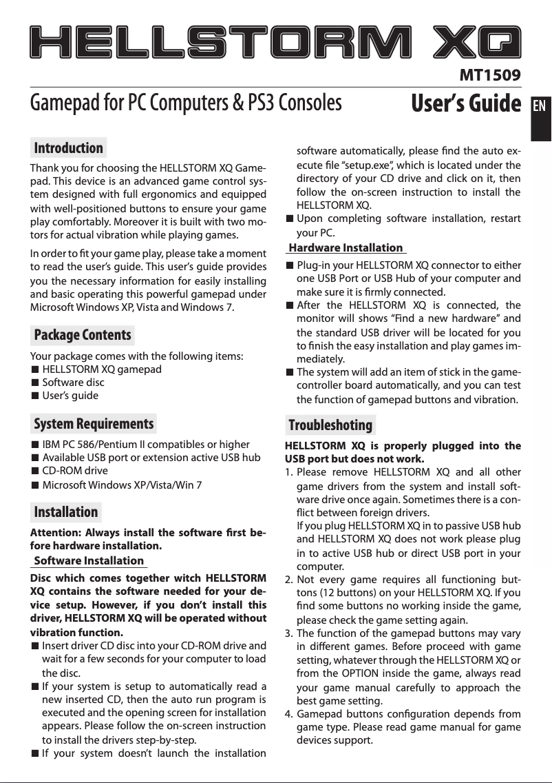 Page 1 de la notice Manuel utilisateur Media-Tech Hellstorm XQ