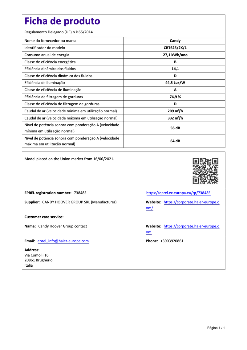 Page 1 de la notice Brochure Candy CBT625/2X/1