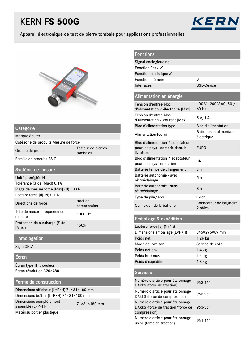Page 1 de la notice Fiche technique Kern FS 500G