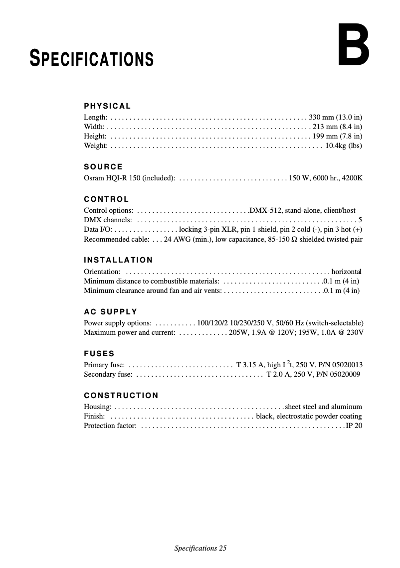 Page 1 de la notice Fiche technique Martin FiberSource QFX150