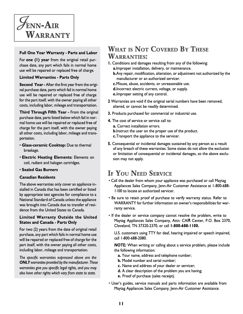 Page n°1 - Informations de garantie JennAir AR141W