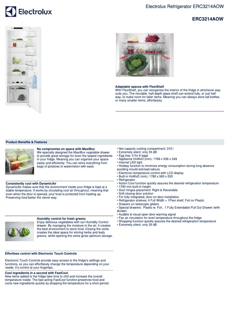 Page 1 de la notice Fiche technique Electrolux ERC3214AOW