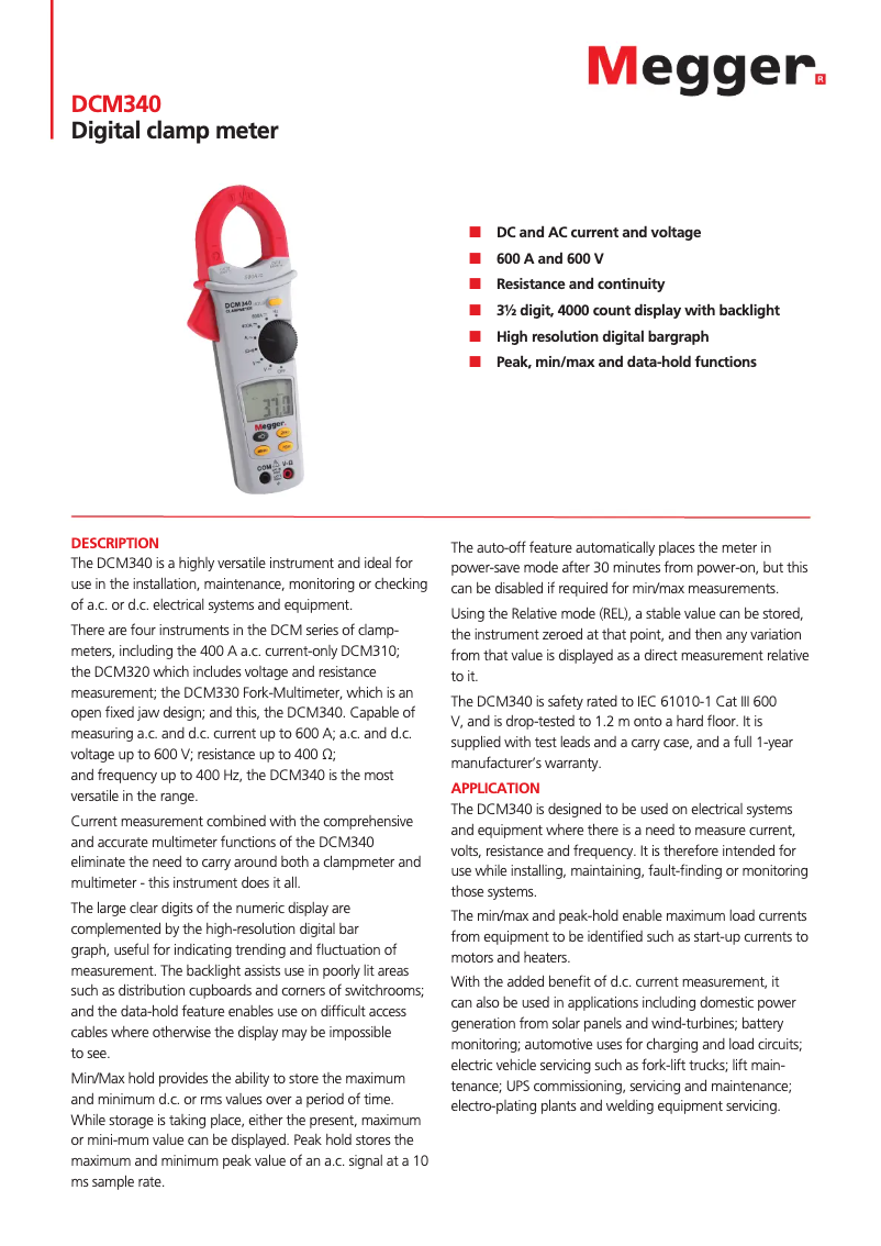 Page 1 de la notice Fiche technique Megger DCM340