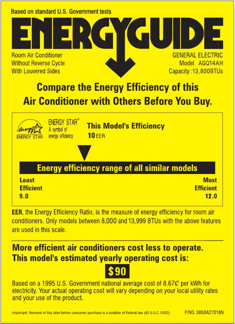 Page 1 de la notice Label énergétique GE AGQ14AH