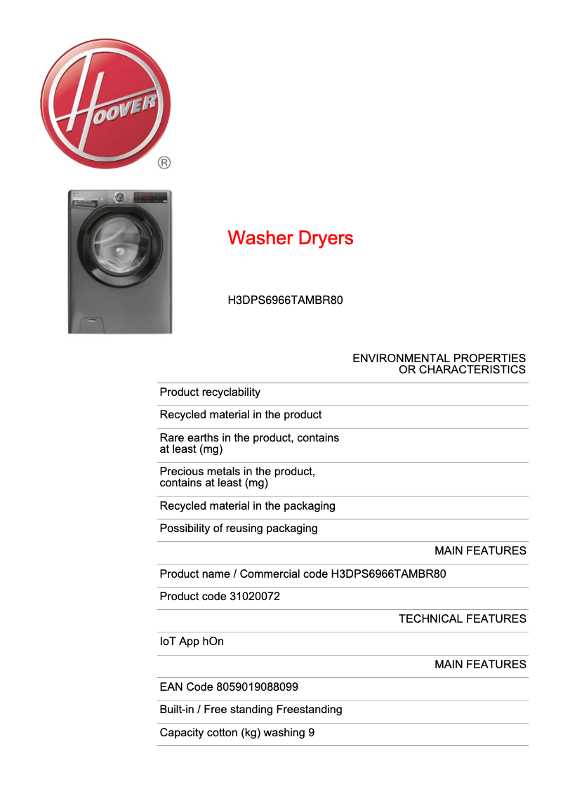 Page 1 de la notice Fiche technique Hoover H3DPS6966TAMBR80