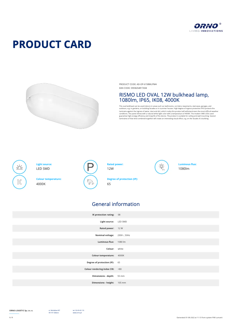 Page 1 de la notice Fiche technique Adviti AD-OP-6158WLPM4