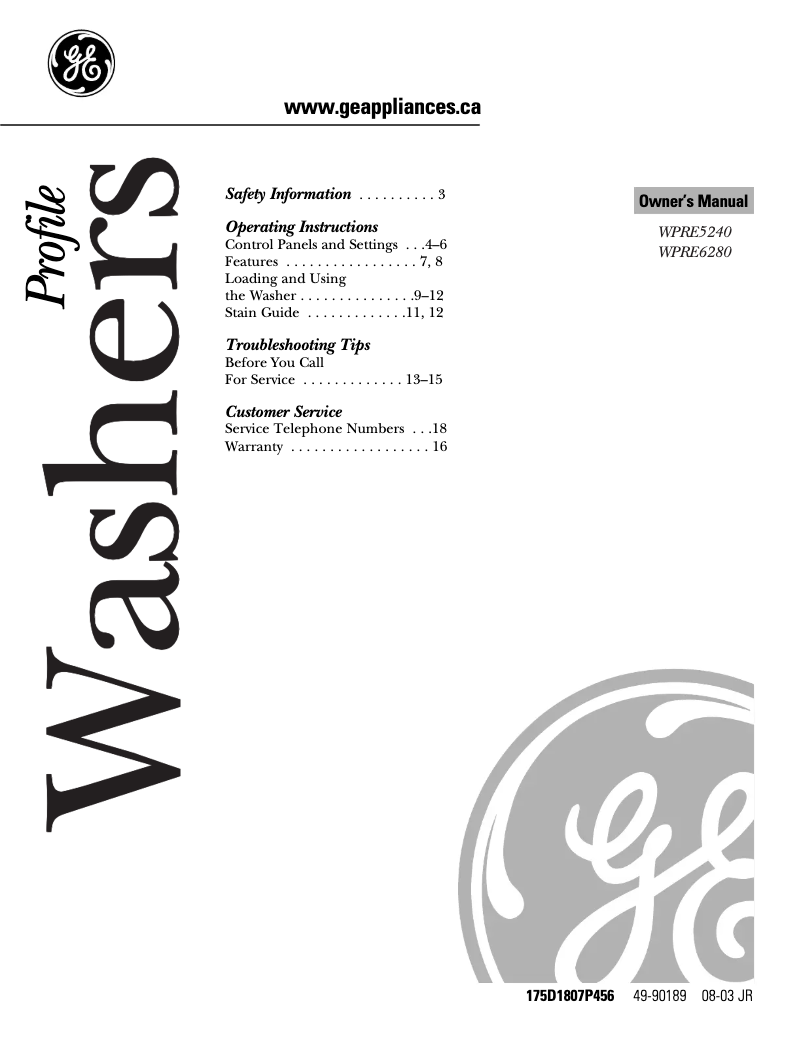 Page n°1 - Manuel utilisateur GE WPRE5240DWW