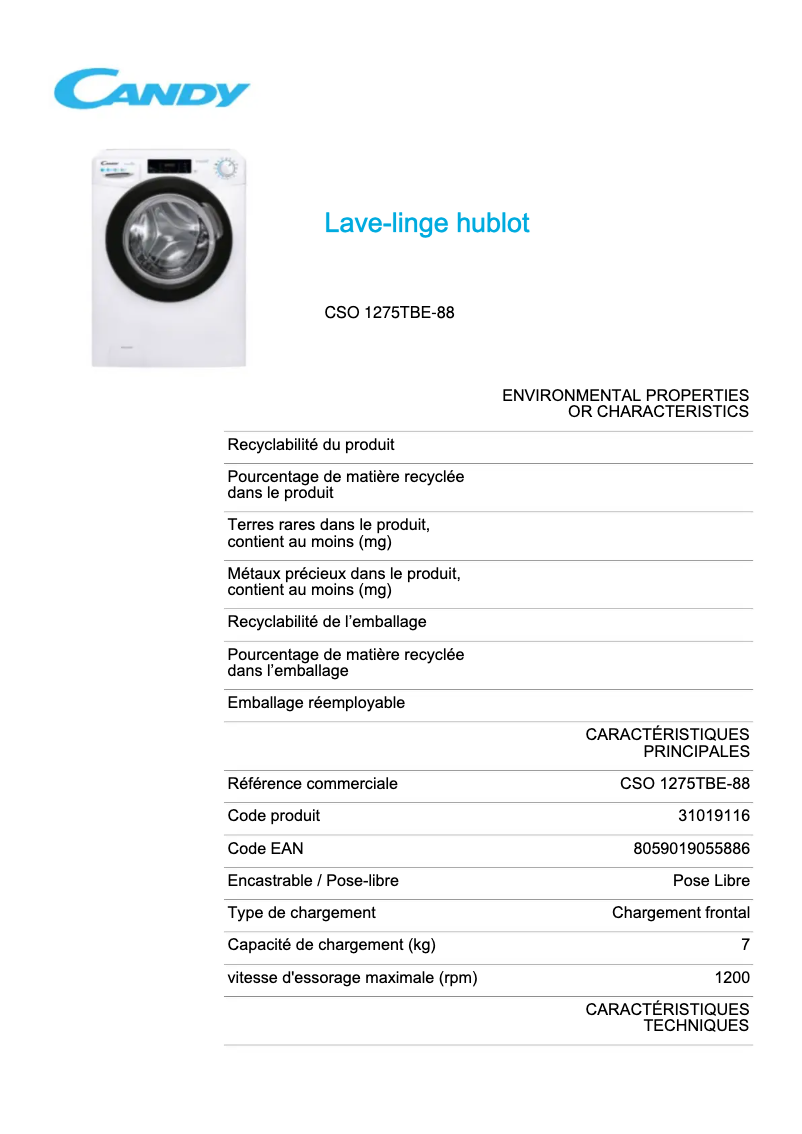 Page 1 de la notice Fiche technique Candy CSO 1275TBE-88