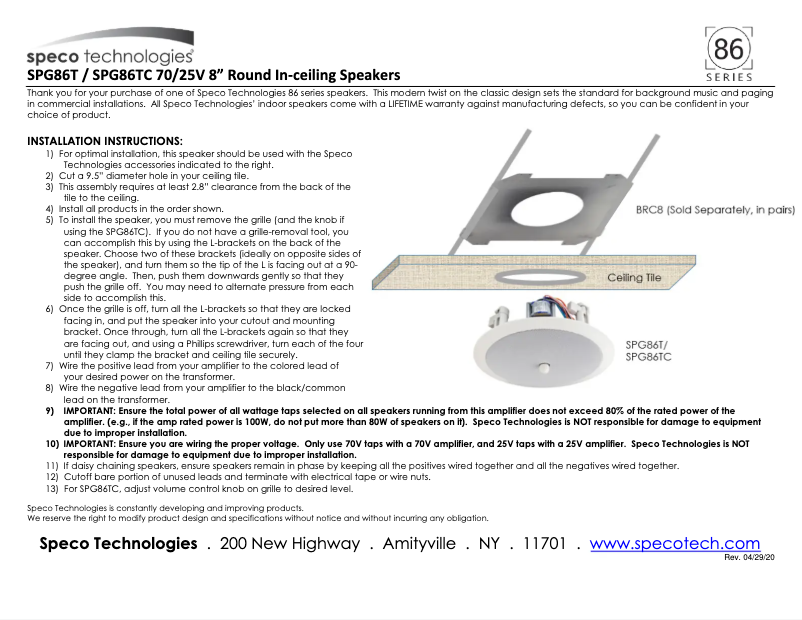 Page 1 of the manual Installation Guide Speco Technologies G86TG2X2