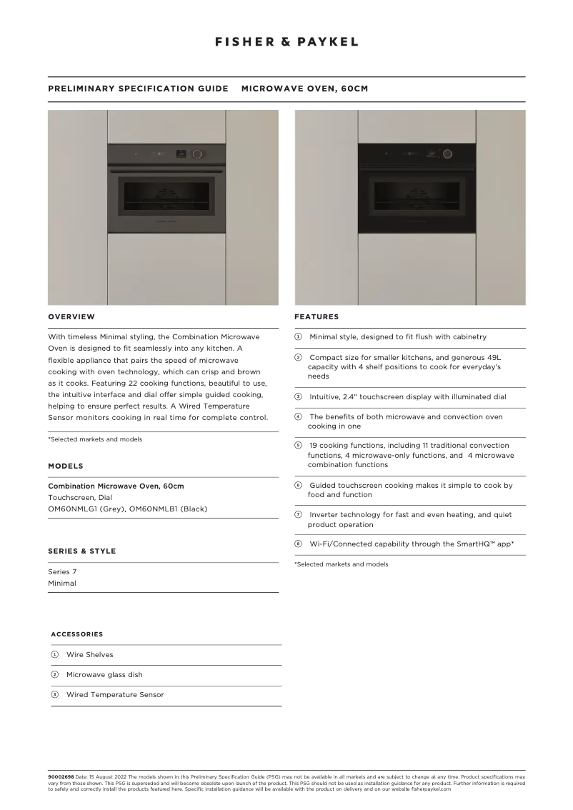 Page 1 de la notice Fiche technique Fisher & Paykel OM60NMLG1