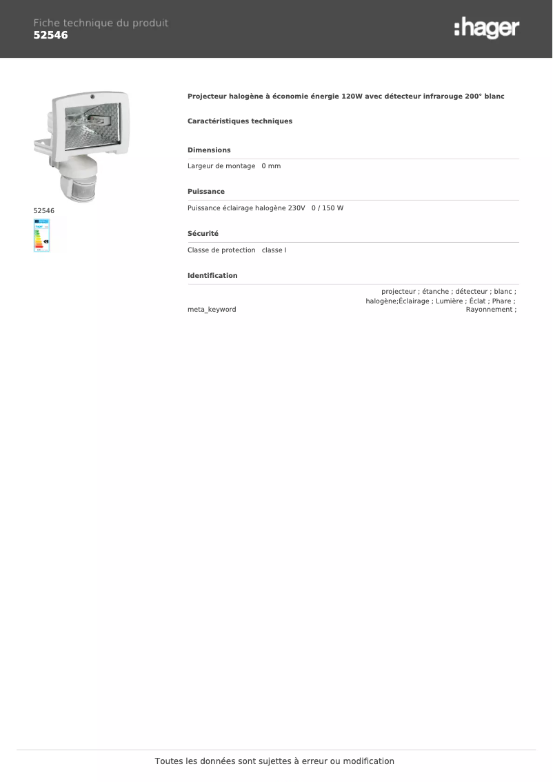 Page 1 de la notice Fiche technique Hager 52546