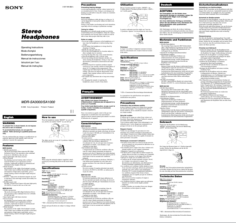 Image de la première page du manuel de l'appareil MDR-SA3000