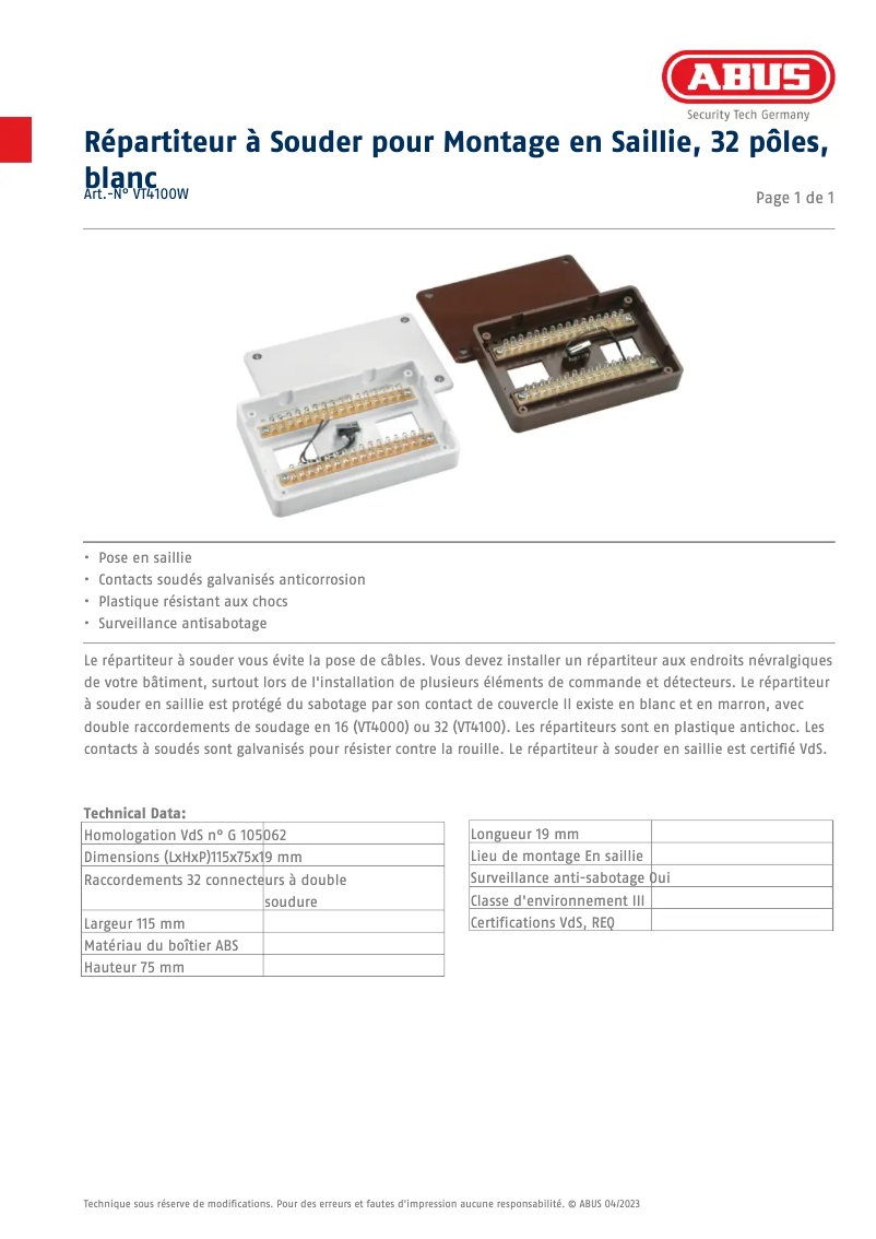 Página 1 del manual Ficha técnica Abus VT4100W