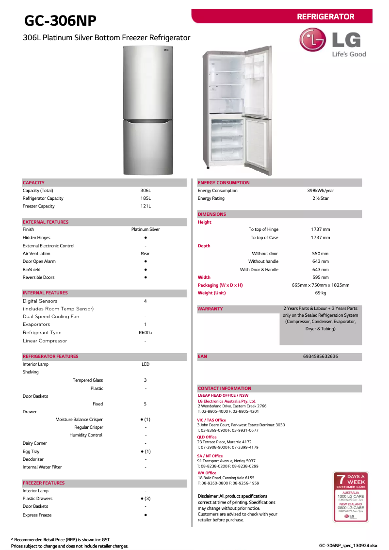 Page 1 de la notice Fiche technique LG GC-306NP