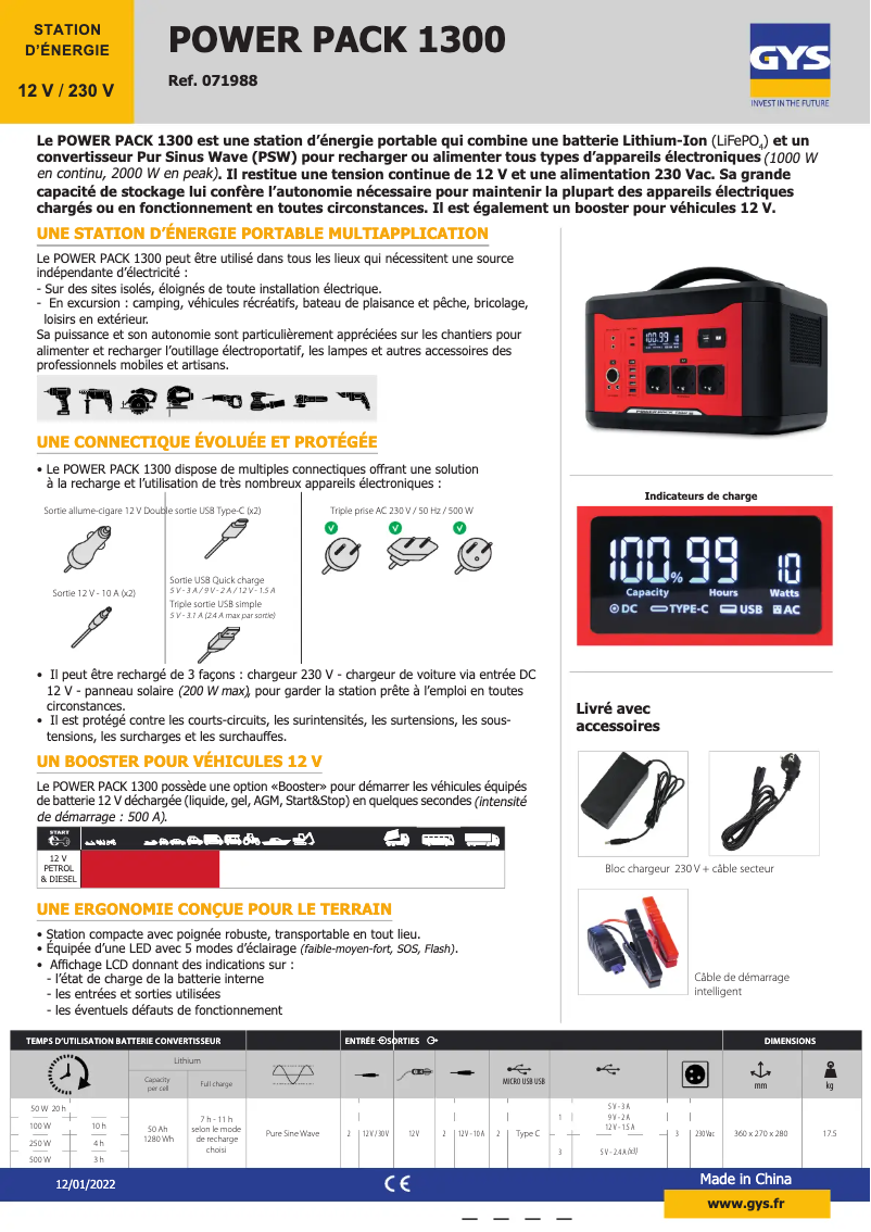 Page 1 de la notice Fiche technique GYS Power Pack 1300