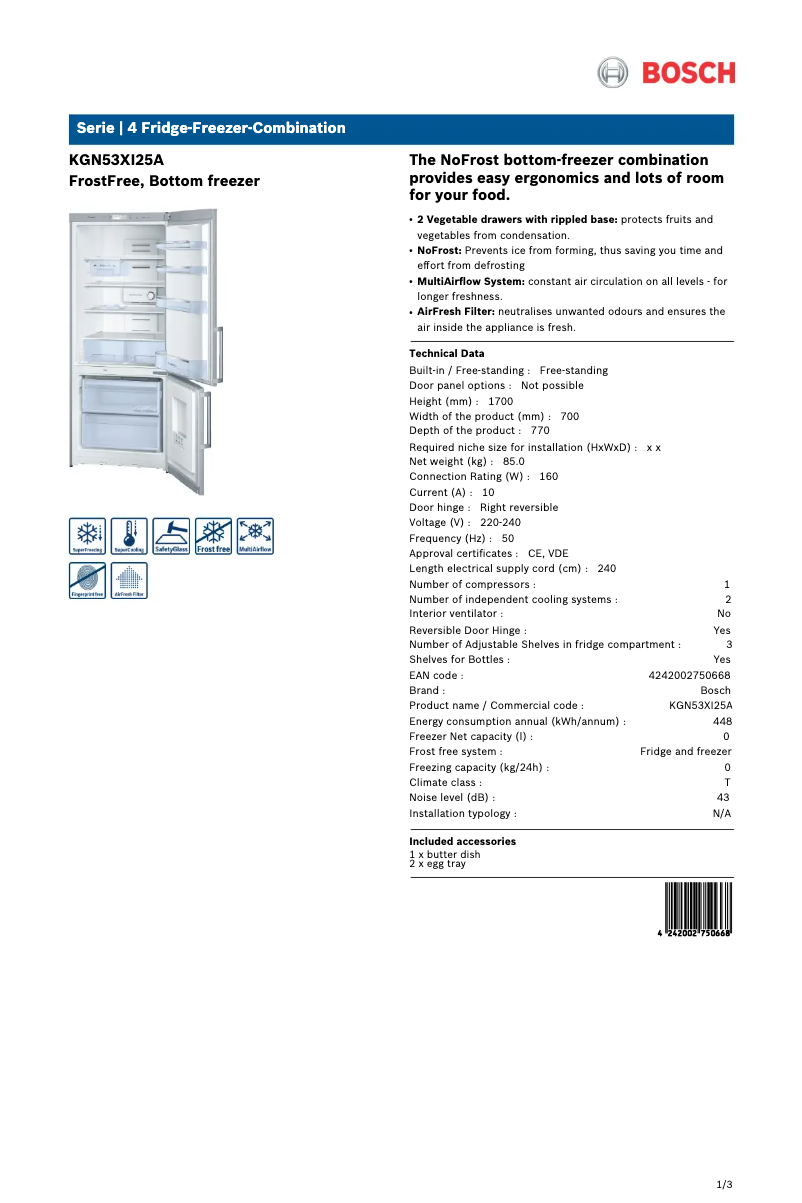 Page n°1 - Manuel utilisateur Bosch KGN53XI25A