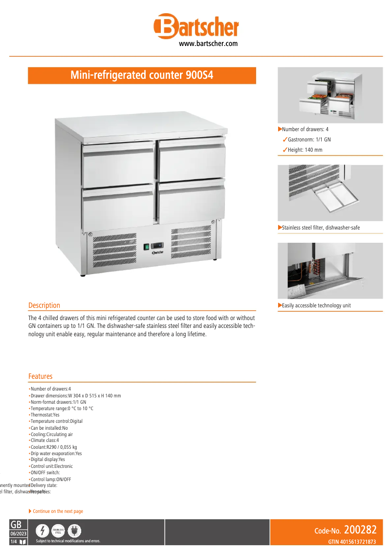 Page 1 de la notice Fiche technique Bartscher 900S4