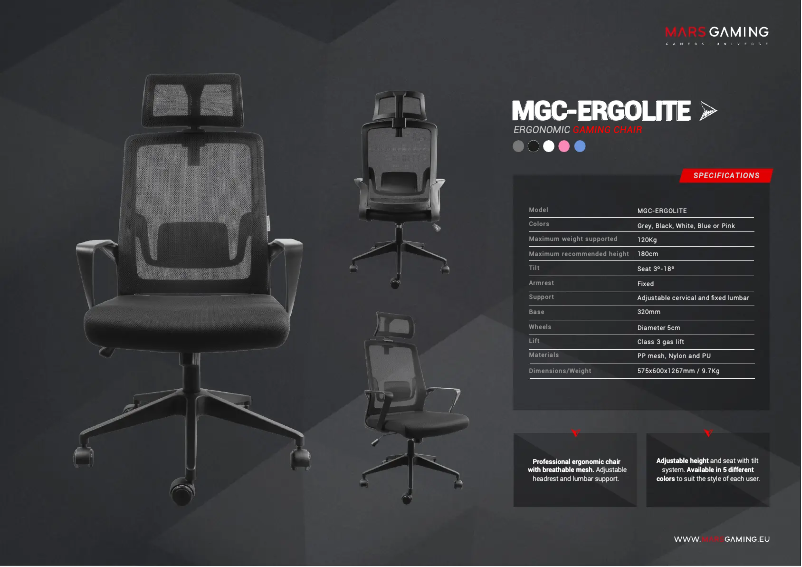 Page 1 de la notice Fiche technique Mars Gaming MGC-ERGOLITE
