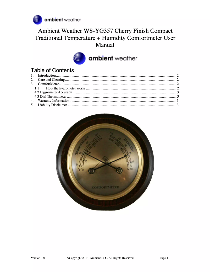 Page 1 de la notice Manuel utilisateur Ambient Weather WS-YG357