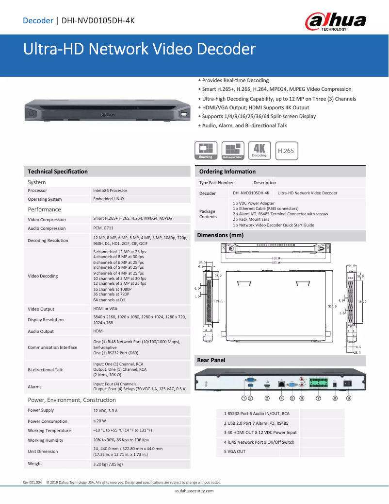 Page 1 de la notice Fiche technique Dahua Technology DHI-NVD0105DH-4K