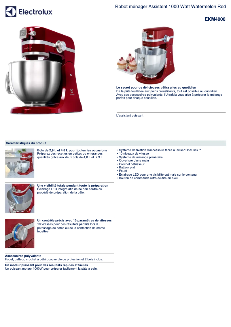 Page 1 de la notice Fiche technique Electrolux EKM4000