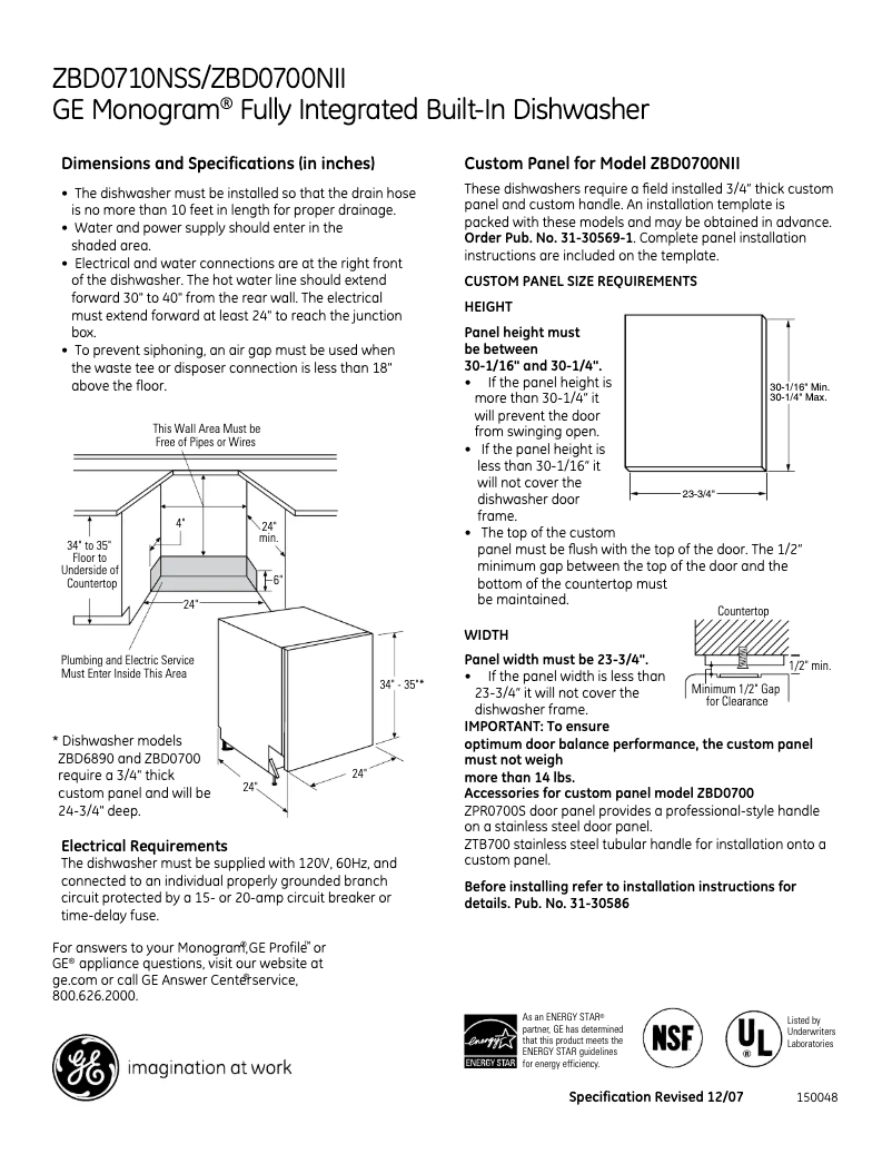 Page 1 de la notice Fiche technique GE ZBD0710NSS