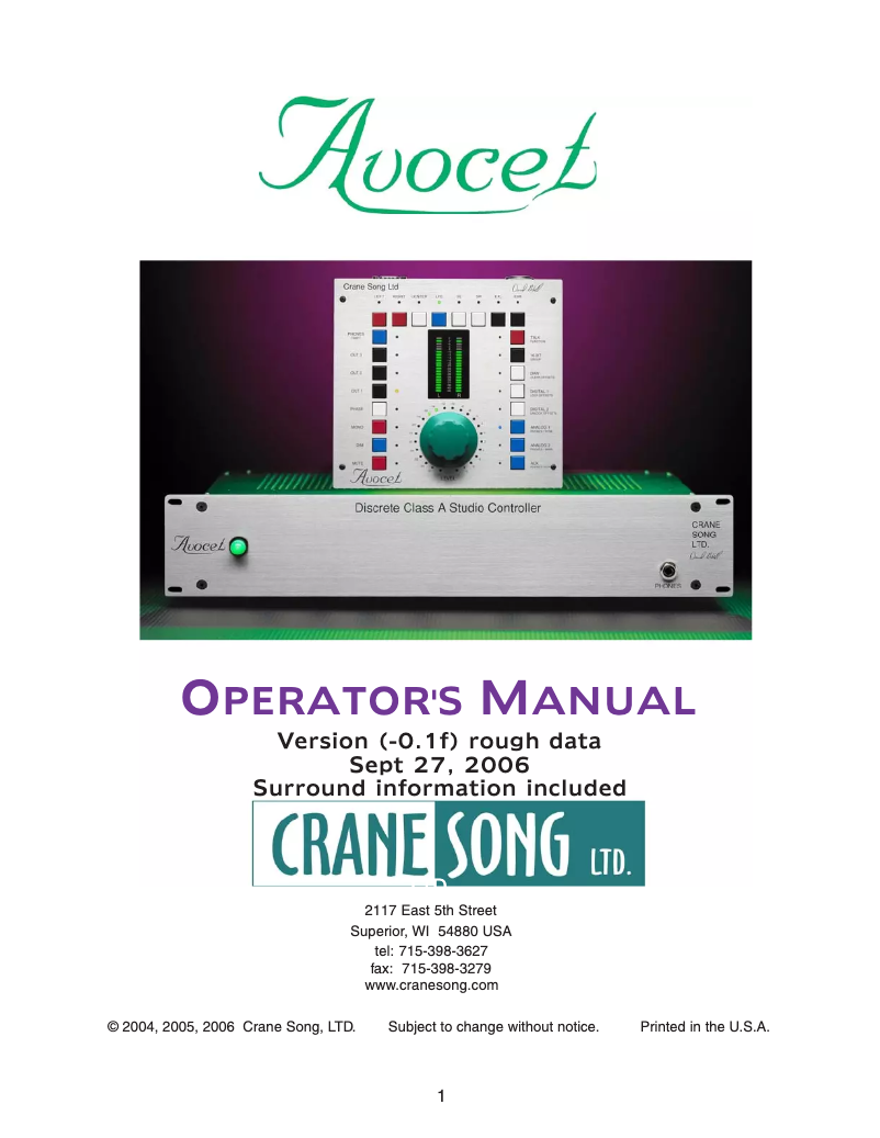 Page n°1 - Manuel utilisateur Crane Song Avocet