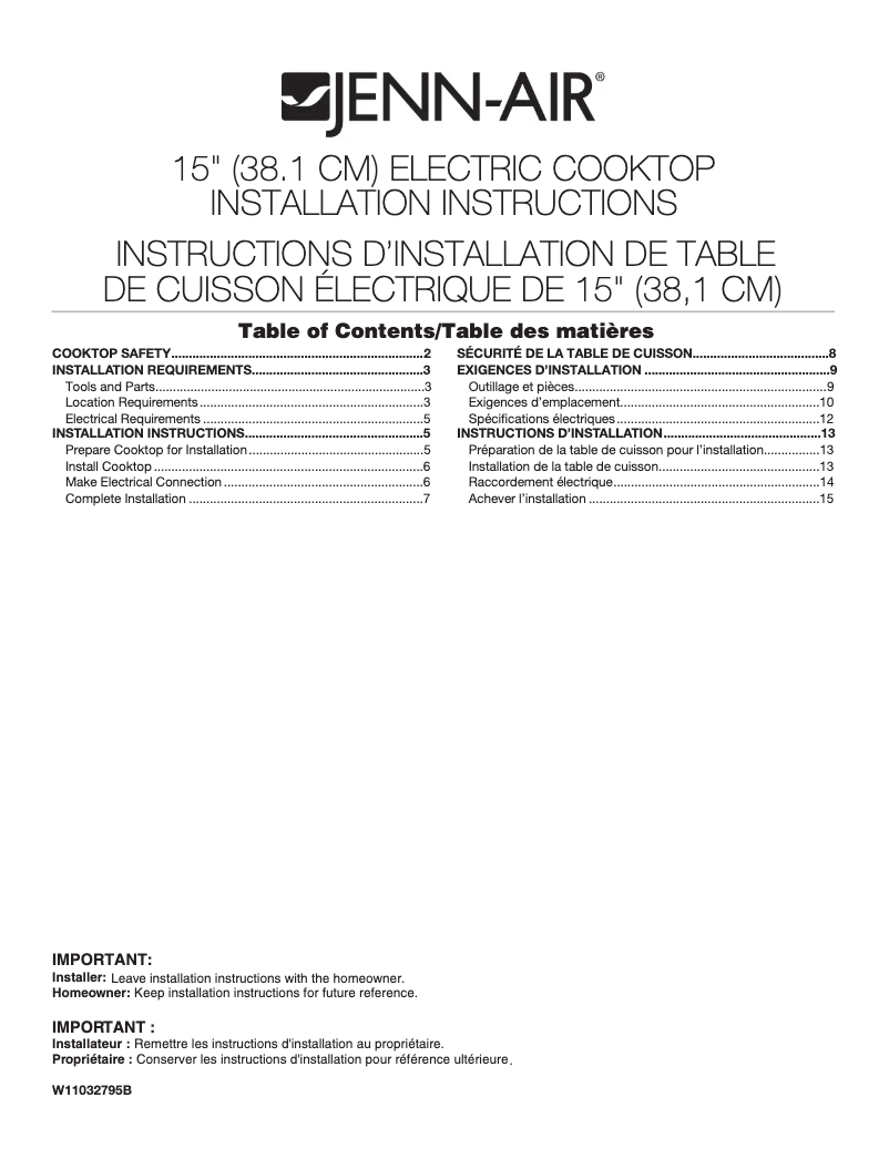 Page n°1 - Guide d'installation Jenn-Air JEF3115GS