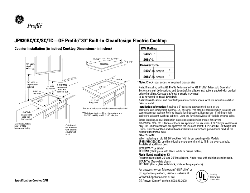 Page n°1 - Guide d'installation GE Profile JP960SCSS