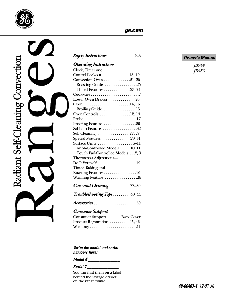 Page n°1 - Manuel d'utilisation et d'entretien GE Profile JB988THWW