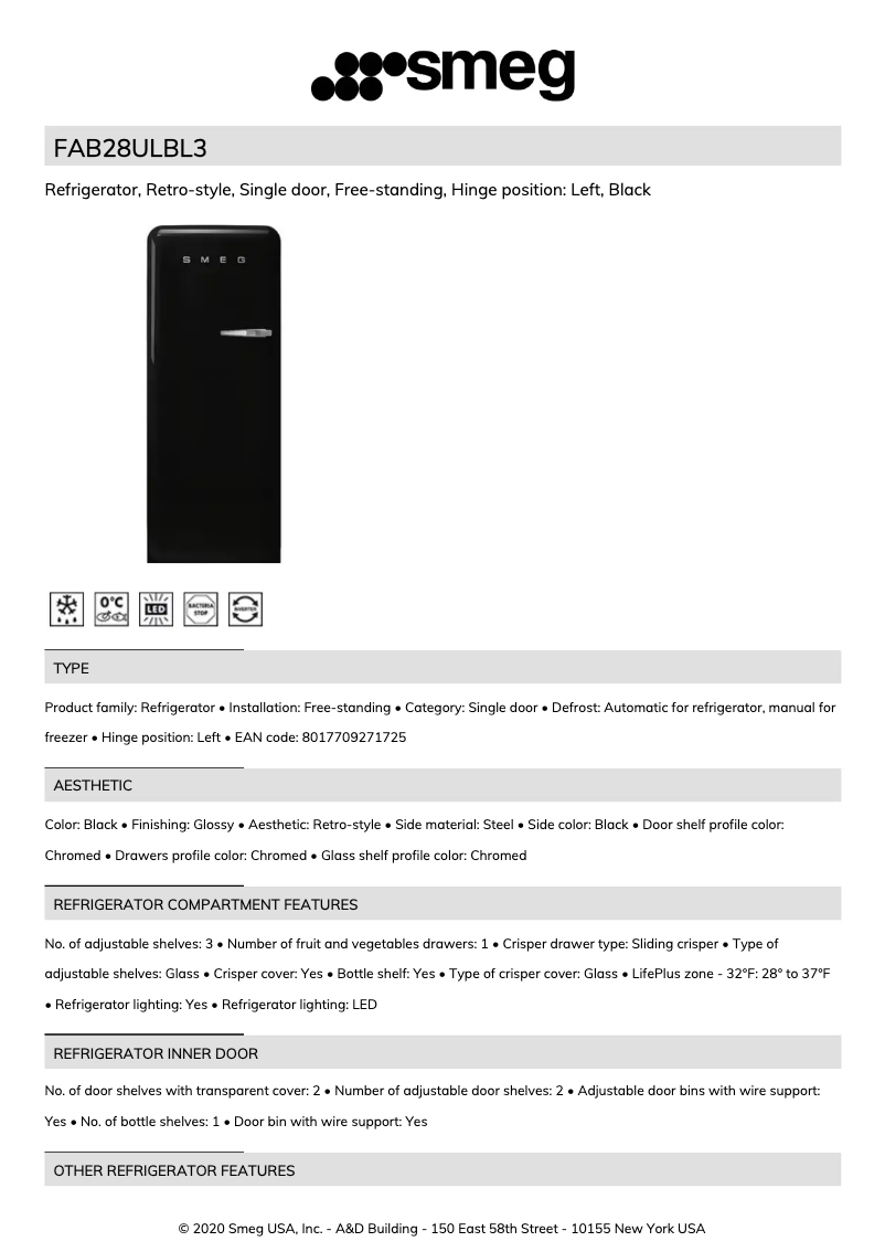 Page 1 de la notice Fiche technique Smeg FAB28ULBL3