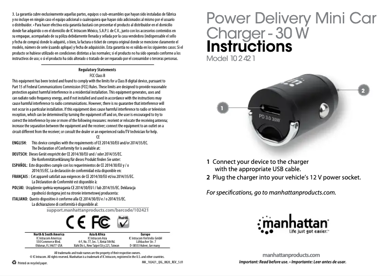 Page 1 de la notice Manuel utilisateur Manhattan 102421