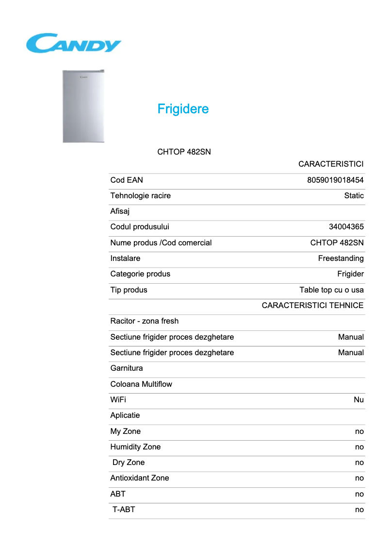 Page 1 de la notice Fiche technique Candy CHTOP 482SN