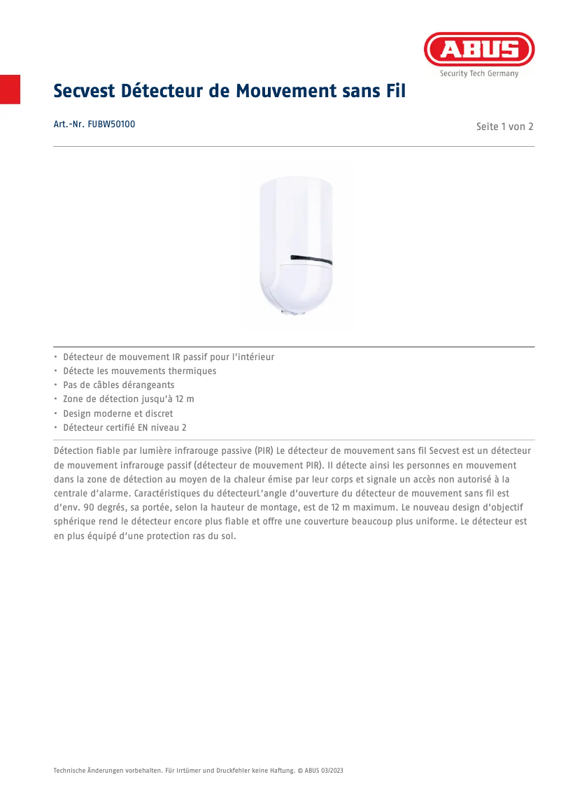 Page n°1 - Fiche technique Abus FUBW50100