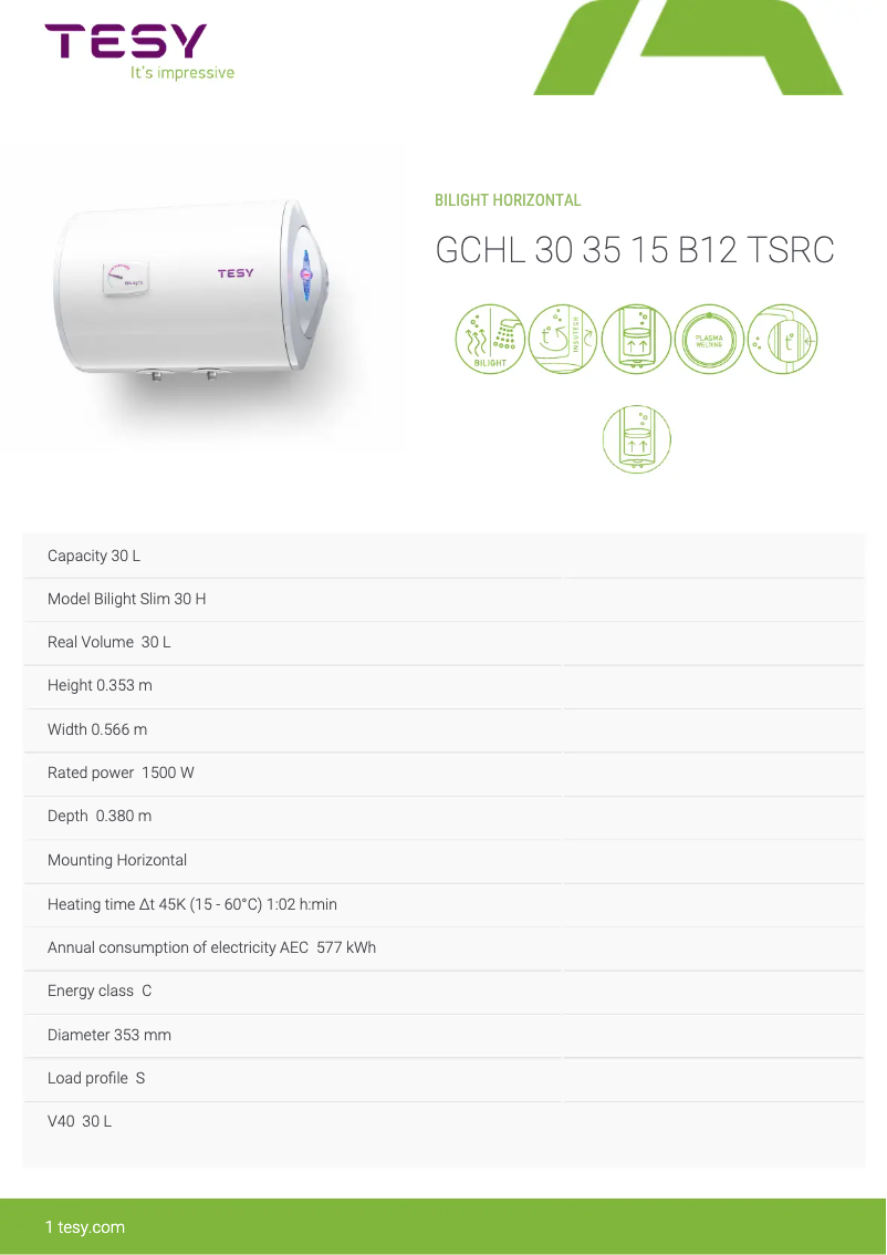 Page 1 of the manual Technical Sheet Tesy Bilight Slim 30 H