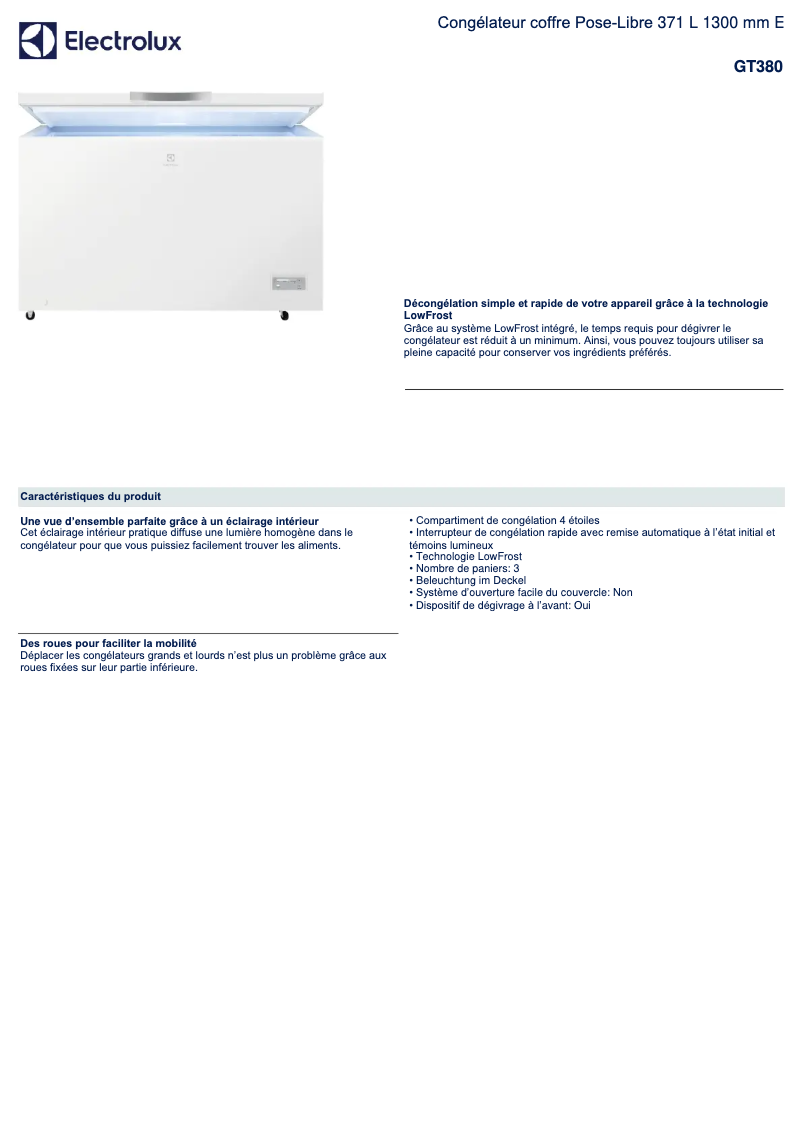 Page 1 de la notice Fiche technique Electrolux GT380