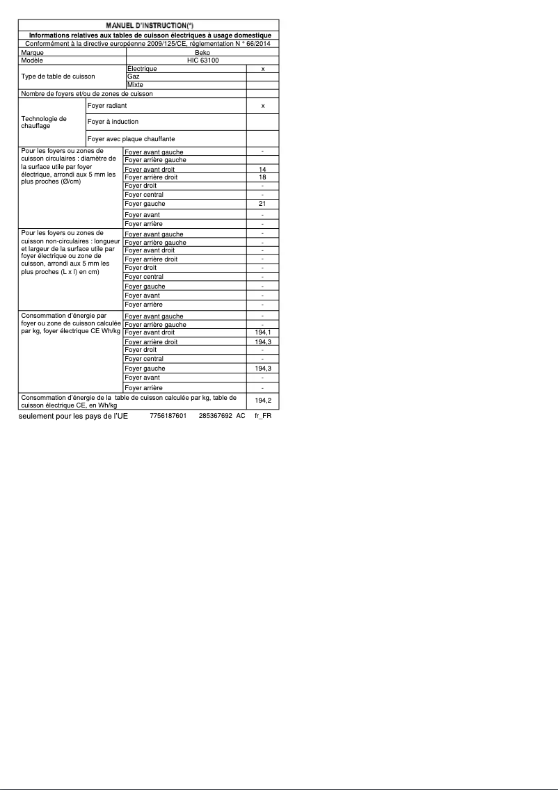 Page n°1 - Fiche technique Beko HIC 63100