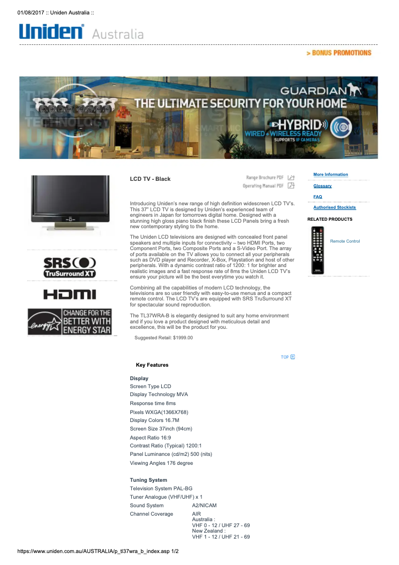 Page 1 de la notice Manuel utilisateur Uniden TL37WRA-B