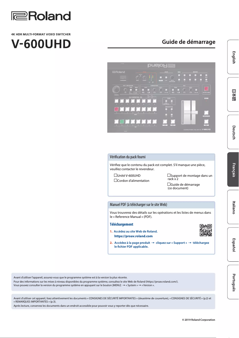 Page 1 de la notice Guide d'installation Roland V-600UHD
