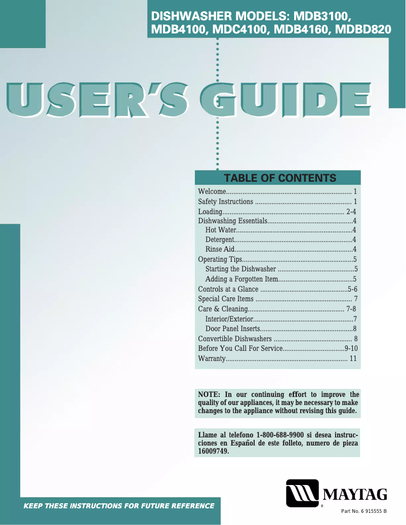 Page 1 de la notice Manuel utilisateur Maytag MDBD820