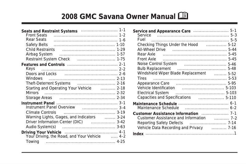 Page 1 de la notice Manuel utilisateur GMC Savana Passenger (2008)