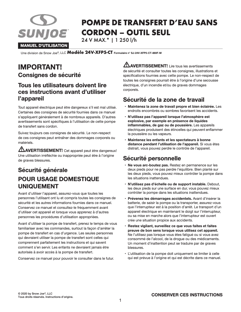 Page 1 de la notice Manuel utilisateur Sun Joe BDL-A0066