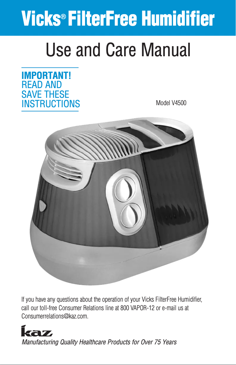 Page 1 de la notice Manuel utilisateur Vicks Filter Free Cool Mist V4500