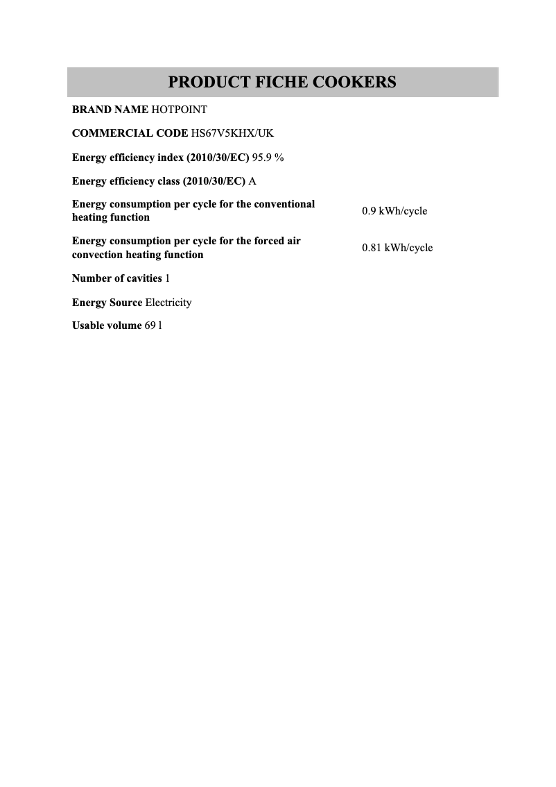 Página 1 del manual Ficha técnica Hotpoint HS67V5KHX/UK