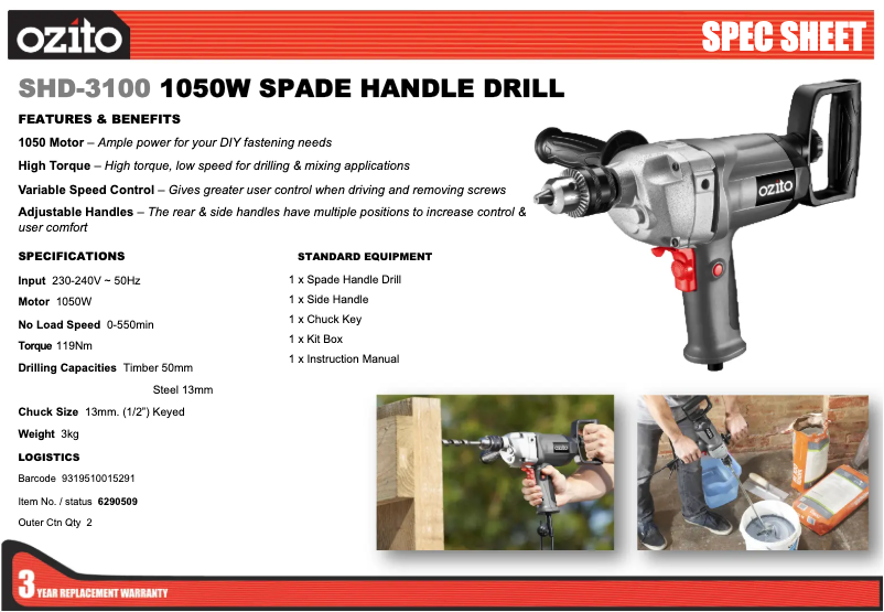Página 1 del manual Ficha técnica Ozito SHD-3100