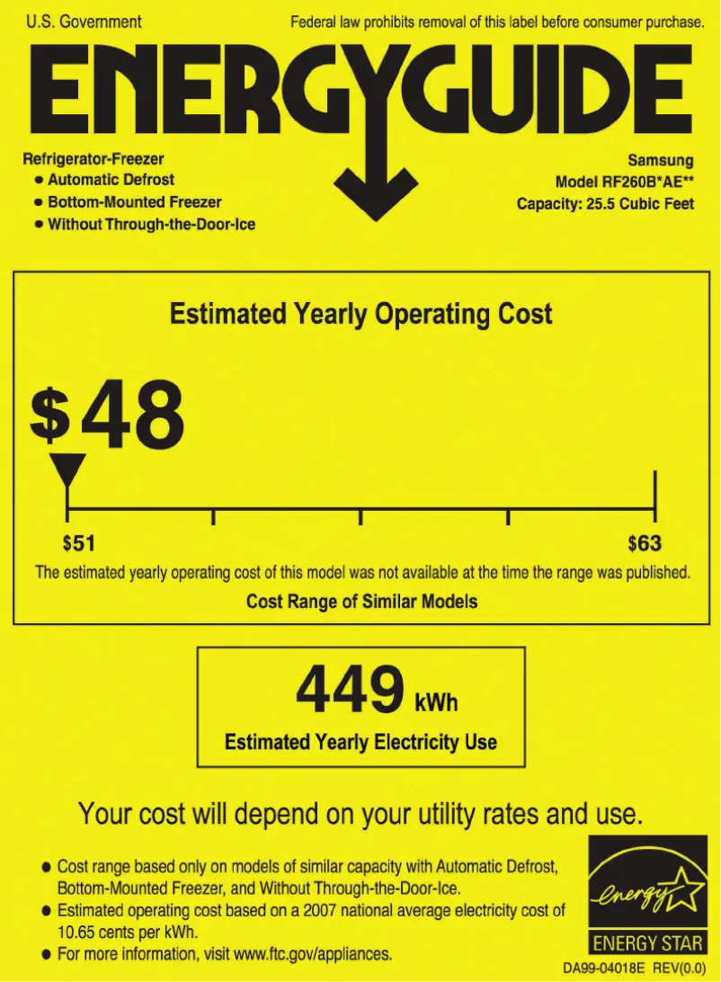 Page 1 de la notice Label énergétique Samsung RF260BEAESR