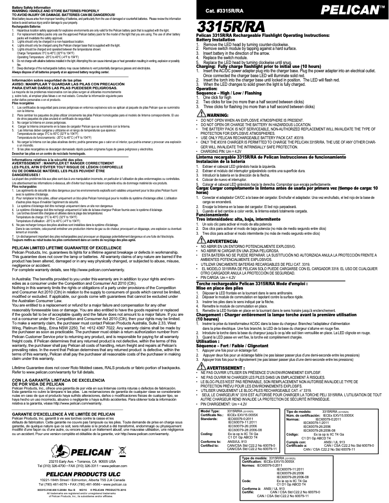 Page 1 de la notice Manuel utilisateur Pelican 3315R