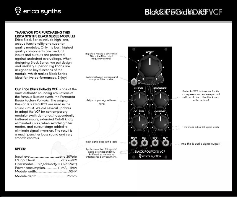 Page 1 de la notice Manuel utilisateur Erica Synths Black Polivoks VCF